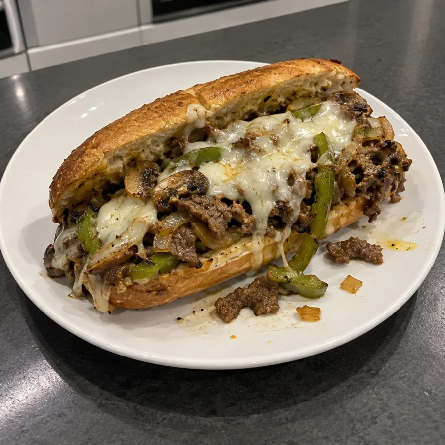 Cheesesteak de Philadelphie, poivrons verts et mozzarella fondante