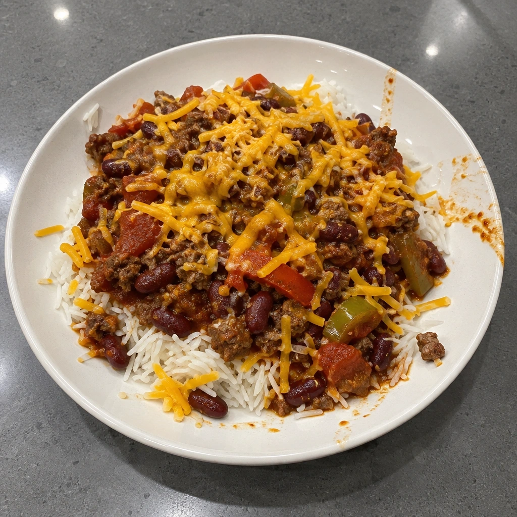 Chili de bœuf nourri à l'herbe et haricots rouges, riz basmati et cheddar extra-fort