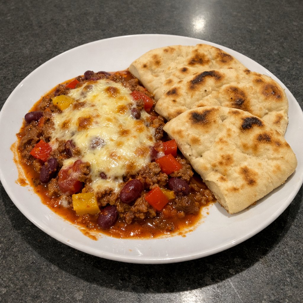 Chili con carne aux deux poivrons gratiné à la mozzarella, naans grillés