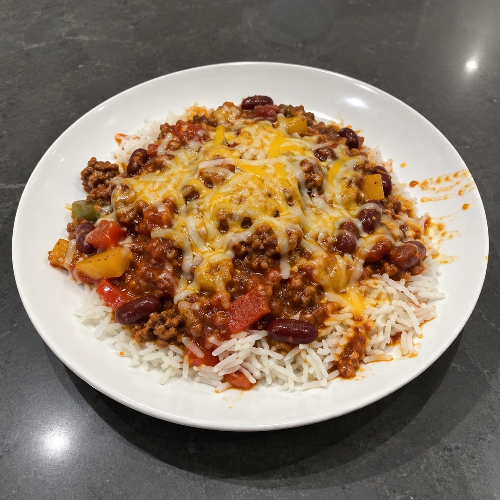 Chili con carne, riz basmati et fromage râpé