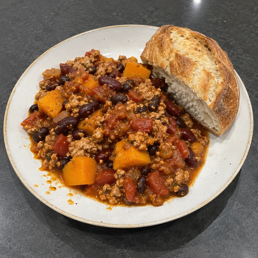 Chili de poulet haché, légumineuses et courge, pain belge chaud