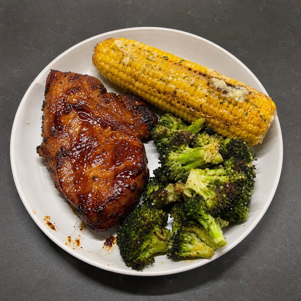 Côtelettes de porc BBQ et maïs en épis grillé