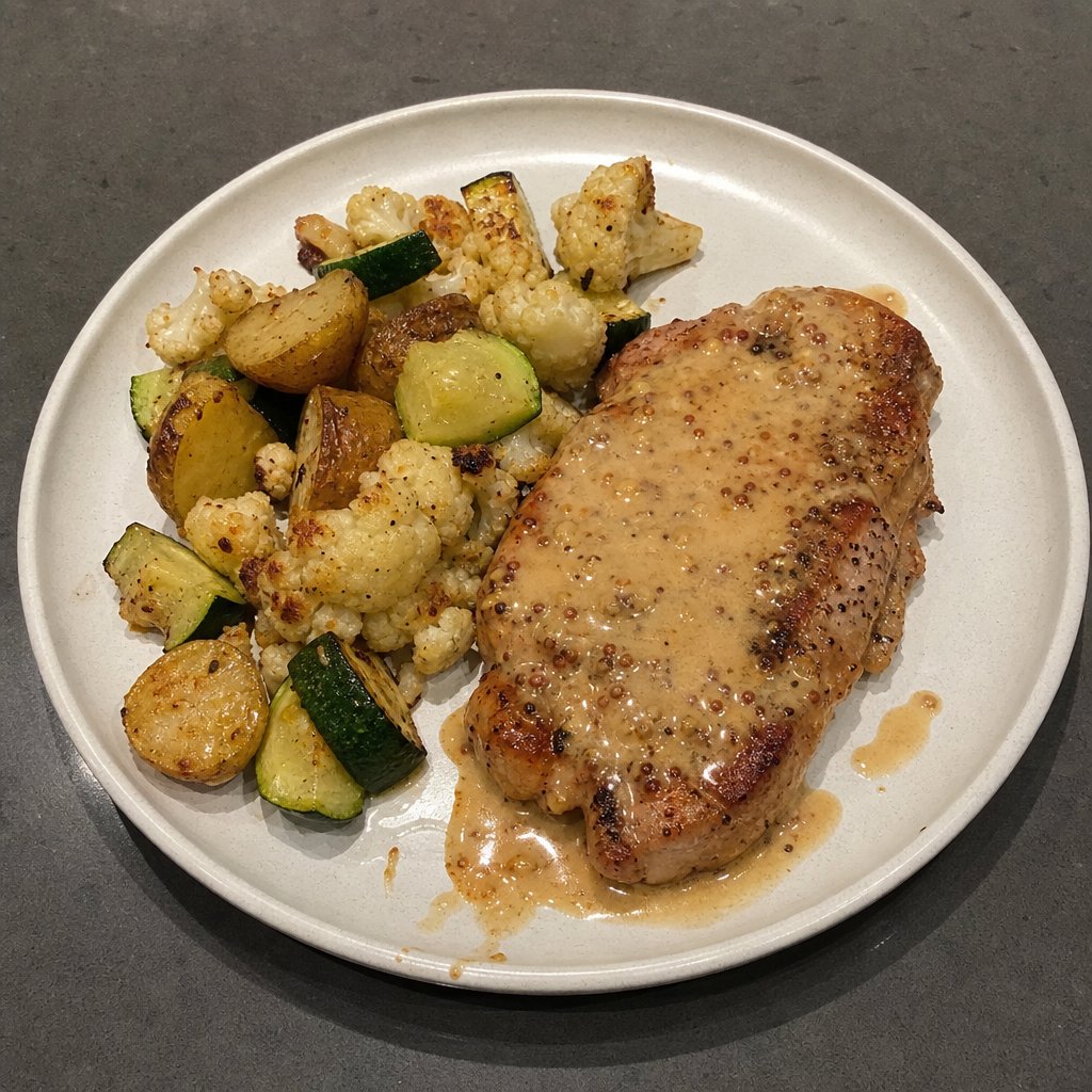 Côtelettes de porc dijon-érable et légumes rôtis