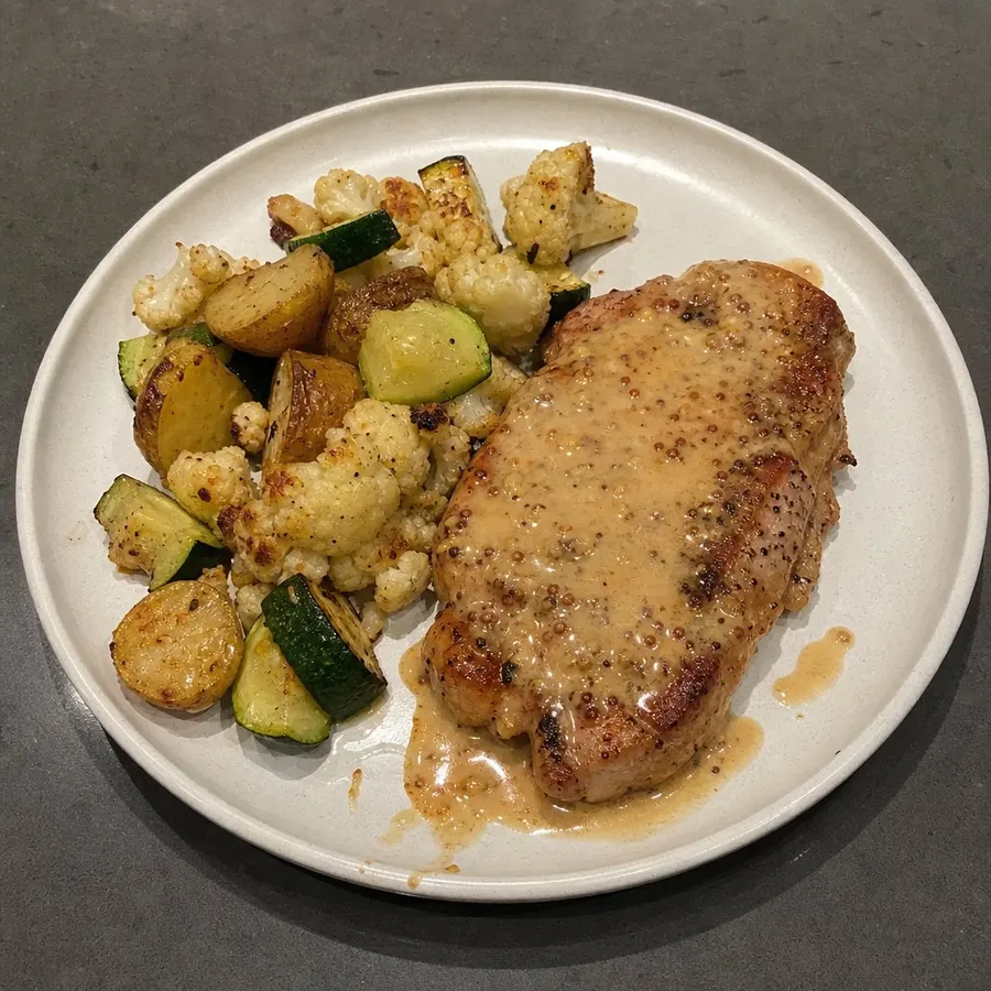 Côtelettes de porc dijon-érable et légumes rôtis