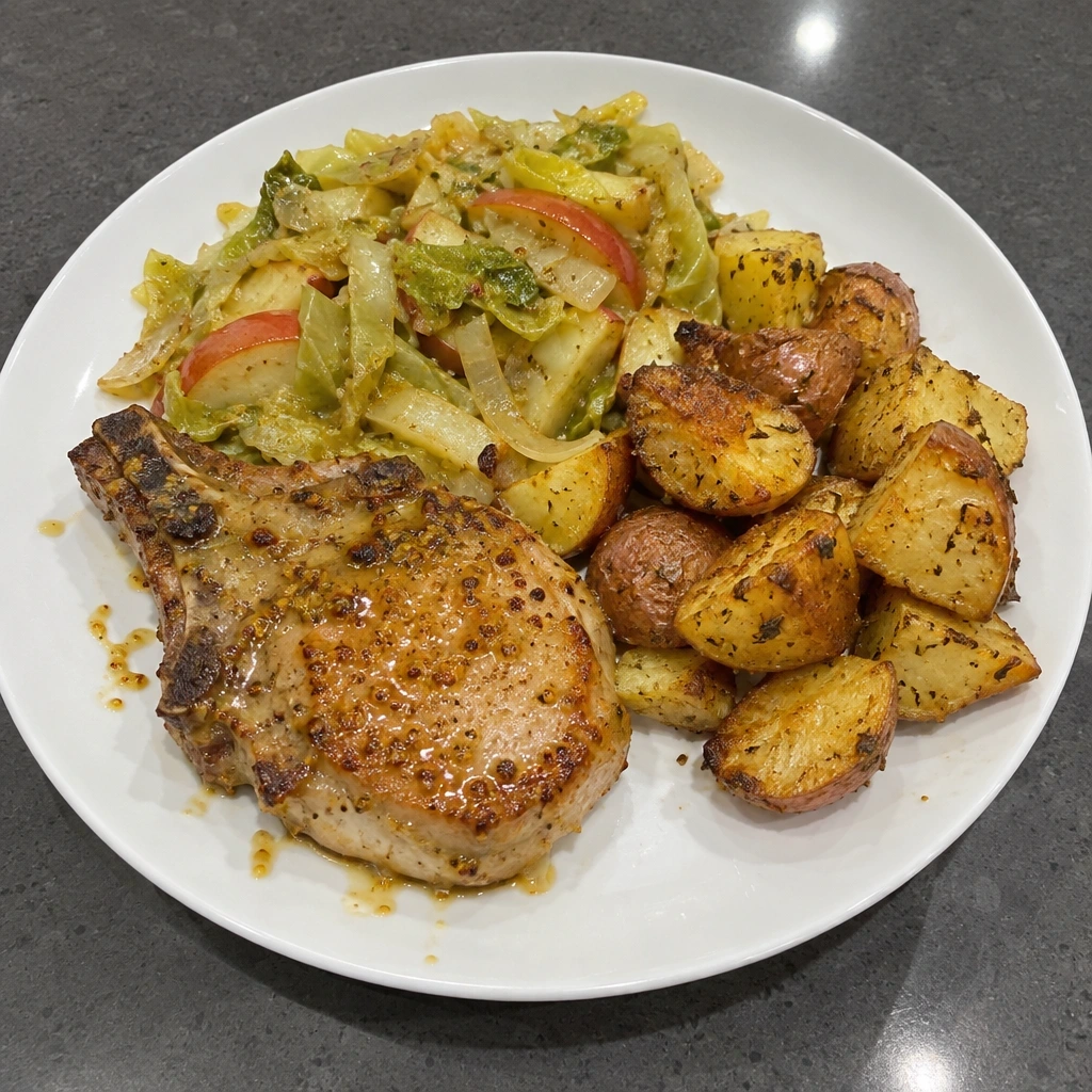 Côtelettes de porc au four, chou braisé aux pommes et pommes de terre rôties