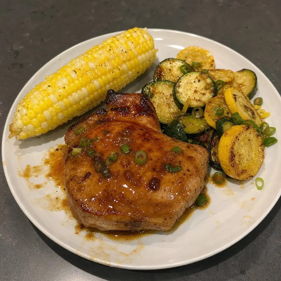 Côtelettes de porc glacées à la sauce cordon bleu, maïs en épis beurré et courgettes grillées
