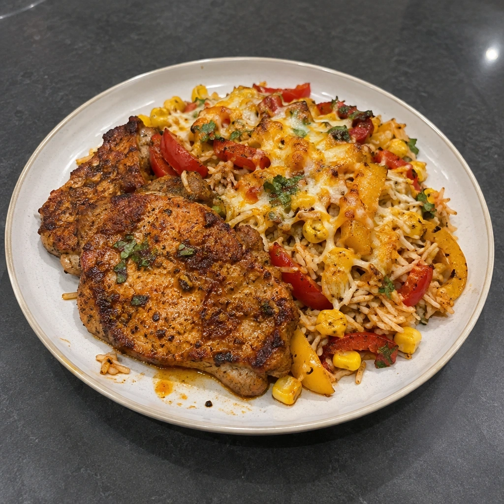 Côtelettes de porc à la mexicaine, riz basmati, maïs et poivrons rôtis