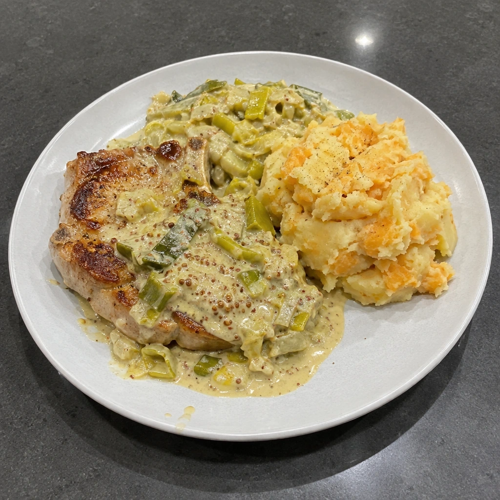 Côtelettes de porc, sauce moutarde et poireaux, purée de pommes de terre et rutabaga