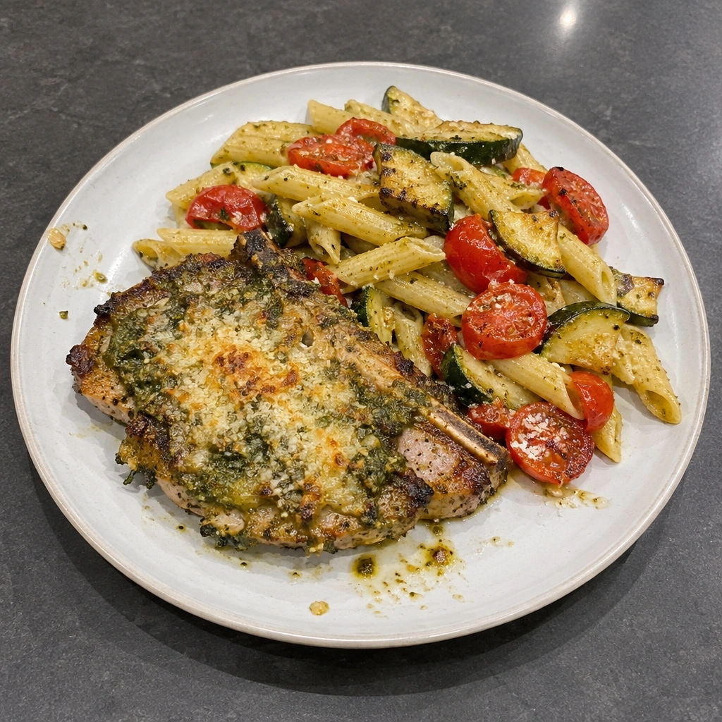 Côtelettes de porc pesto-parmesan, pâtes aux courgettes et tomates