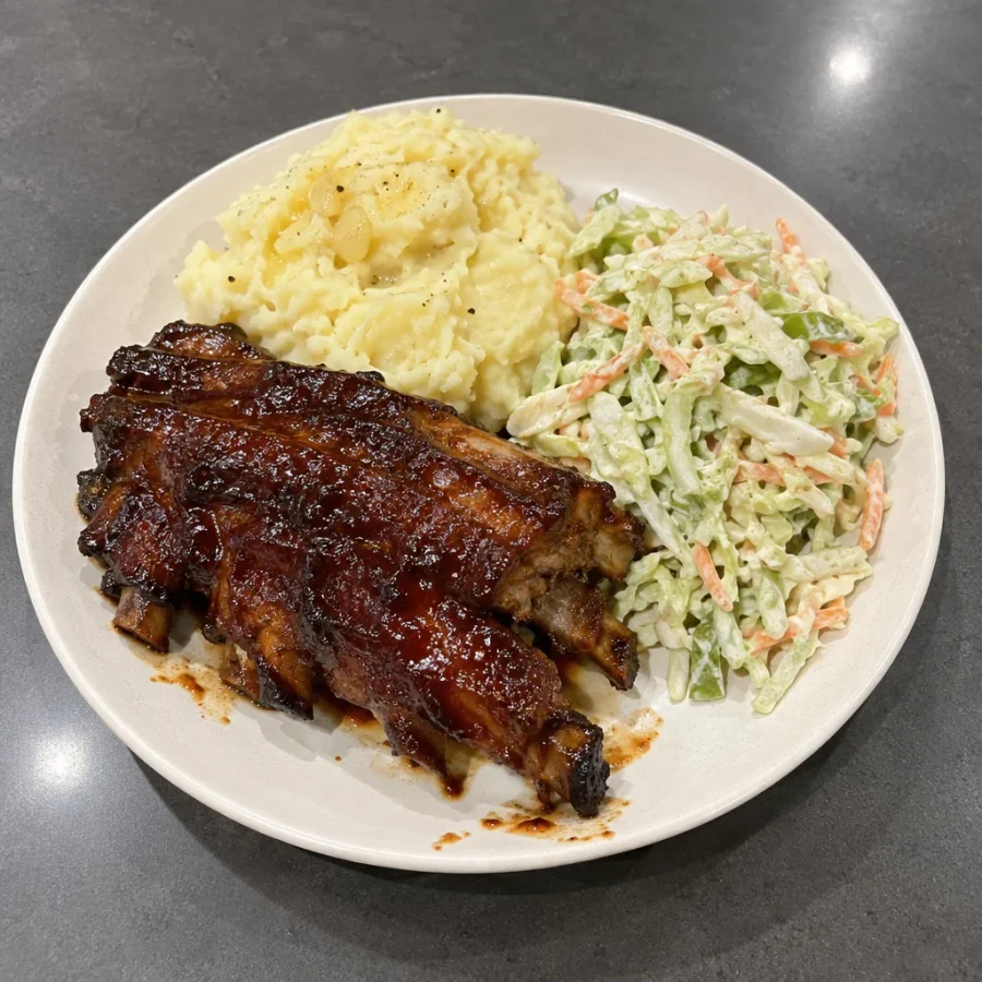 Côtes levées au four, purée à l'ail et salade de chou crémeuse
