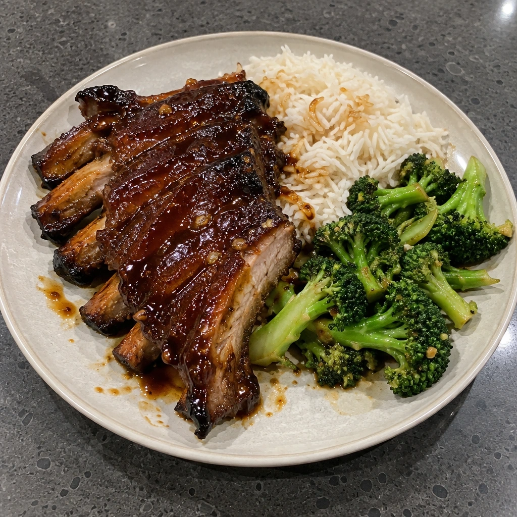 Côtes levées glacées miel et soya, riz et brocoli sauté