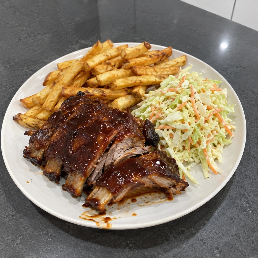 Côtes levées de porc barbecue, frites et salade de chou crémeuse