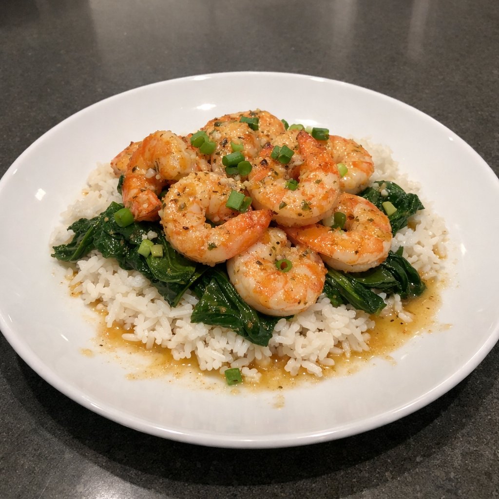 Crevettes argentines à l'ail-beurre-citron sur riz basmati et épinards