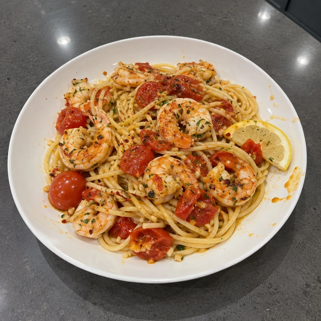 Spaghettis aux crevettes à l'ail, tomates cerises éclatées et citron