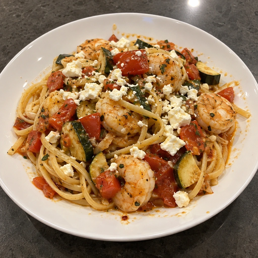 Crevettes à l'ail, tomates fraîches et feta, linguine