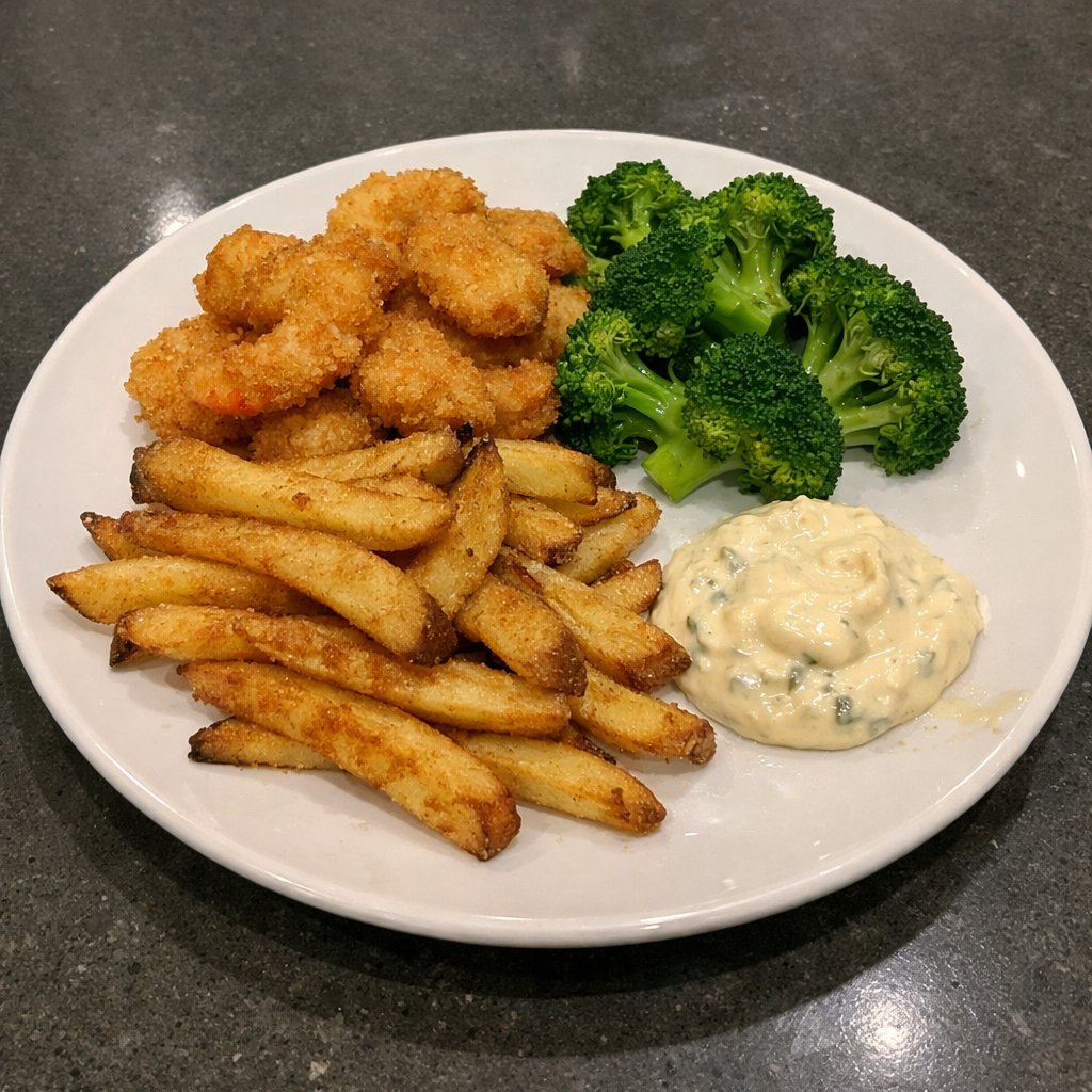 Crevettes panées au air fryer, frites maison, brocoli vapeur et sauce tartare maison