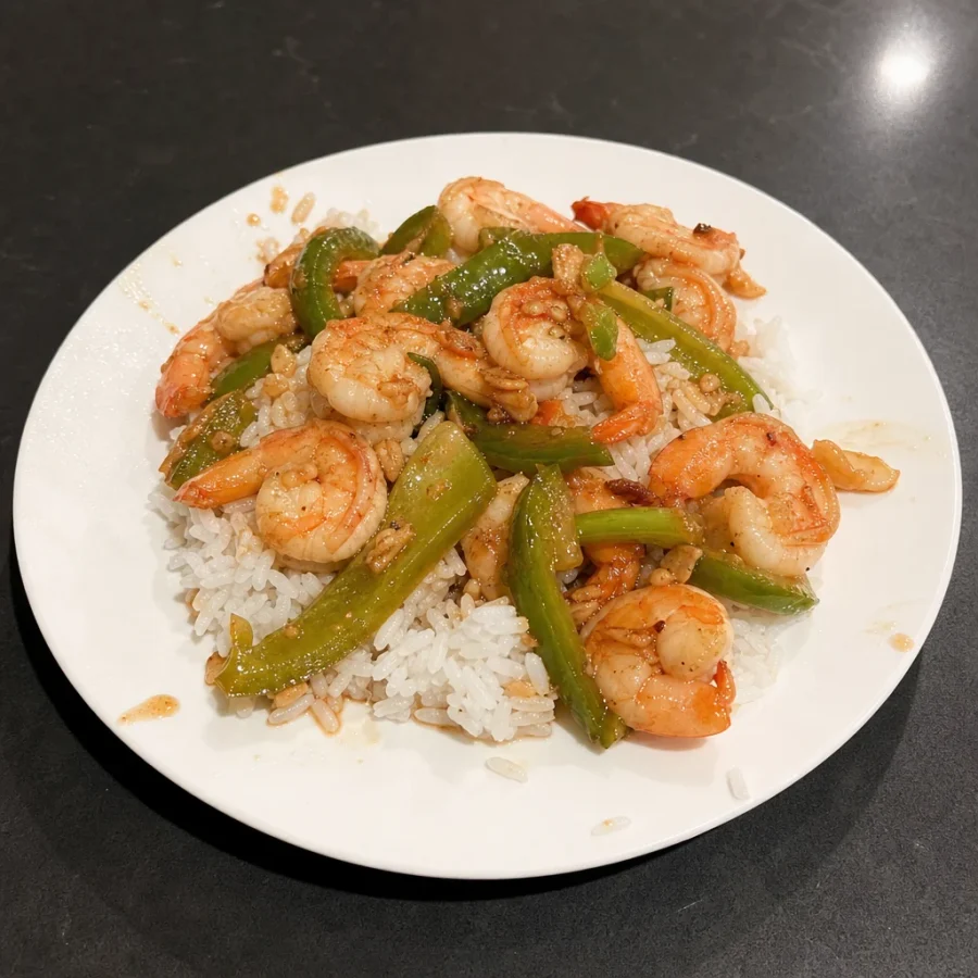 Crevettes sautées à l'ail et poivrons verts, riz Calrose