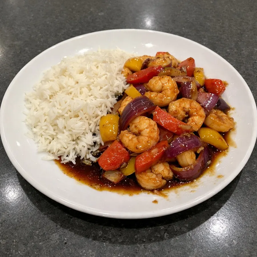 Crevettes sautées teriyaki aux poivrons et riz basmati