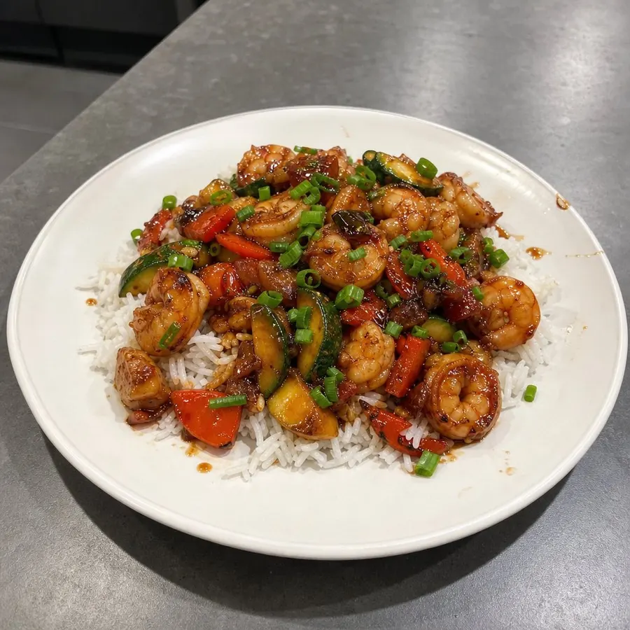 Crevettes sautées teriyaki, riz basmati et poivrons