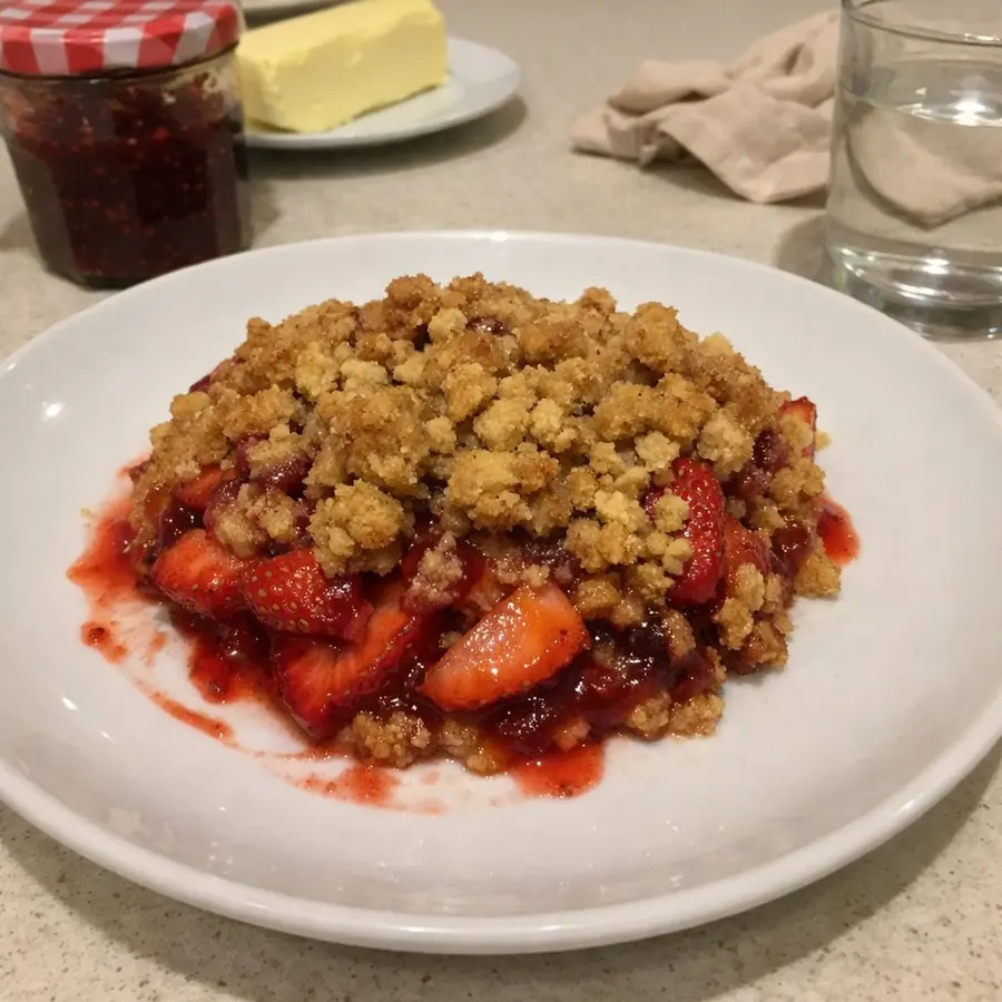 Croustade aux fraises et confiture de framboises, crumble à l'avoine et cassonade