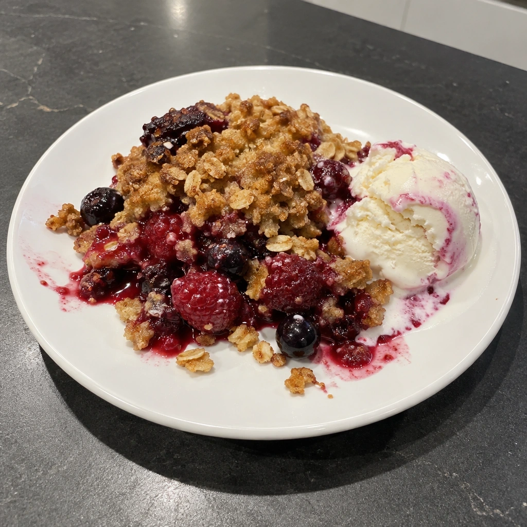 Croustade aux framboises et aux bleuets, yogourt glacé