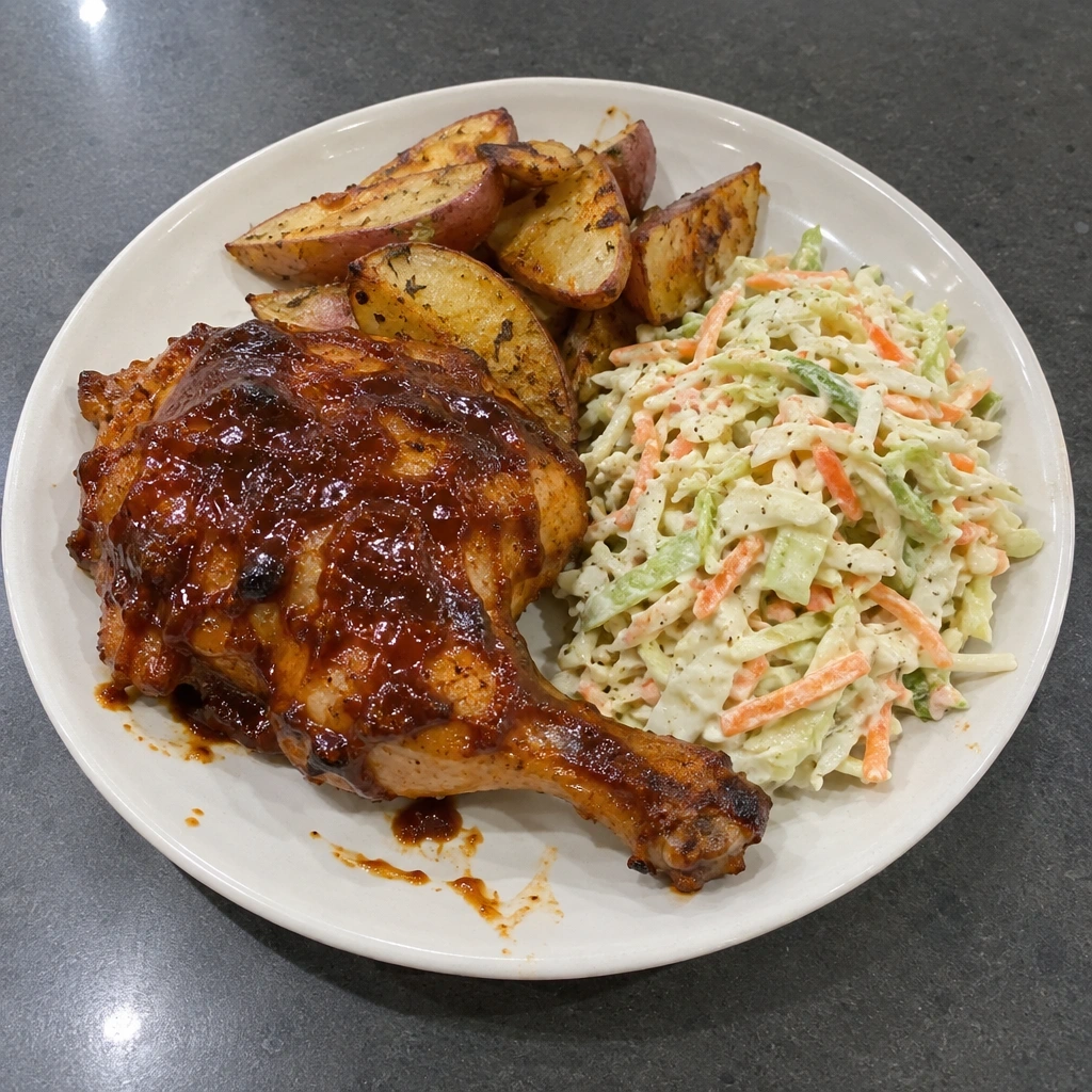 Cuisses de poulet BBQ au four, salade de chou crémeuse et quartiers de pommes de terre
