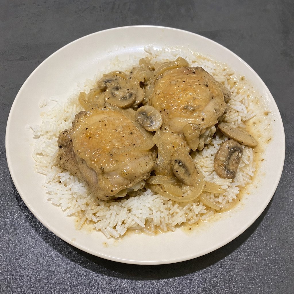 Cuisses de poulet crémeuses aux champignons sur riz