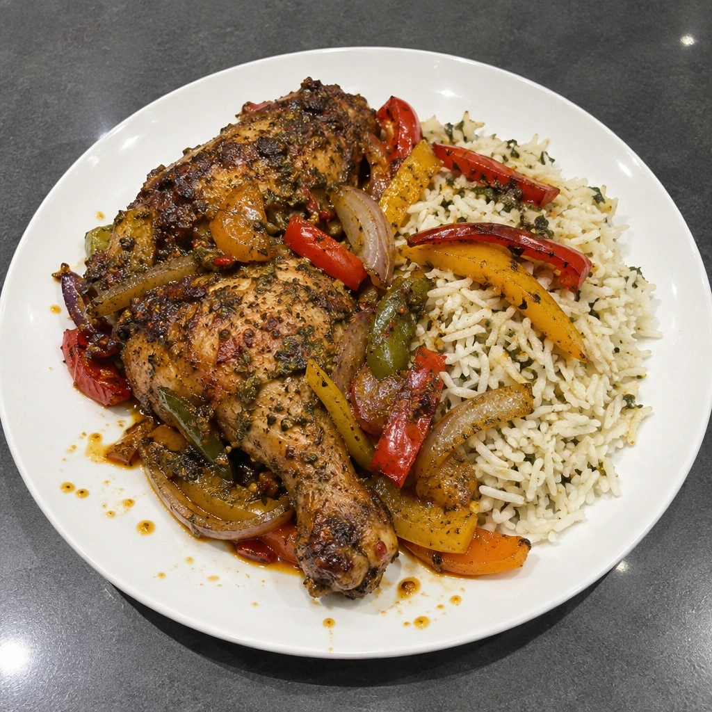 Cuisses de poulet jamaïcaines, riz basmati et poivrons rôtis