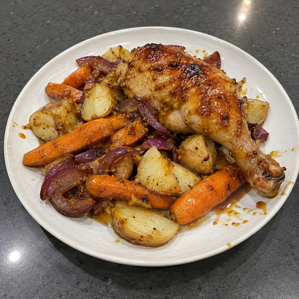 Cuisses de poulet rôties à l'érable, patates et carottes