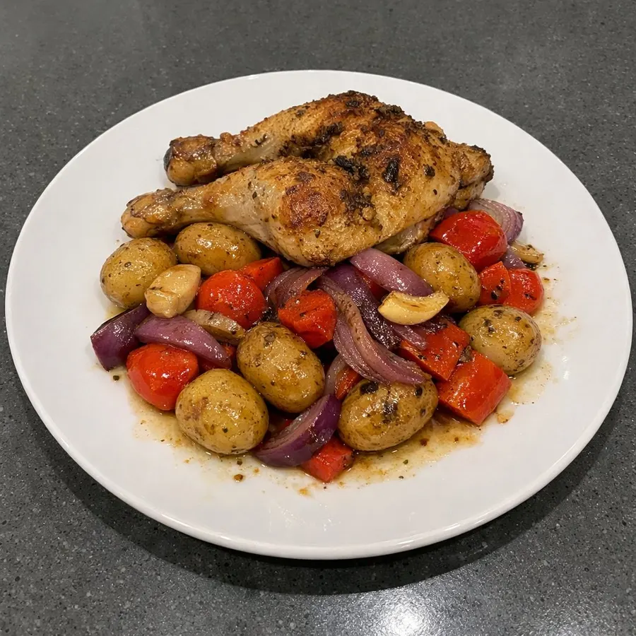 Cuisses de poulet rôties aux patates grelots, oignons rouges et poivrons