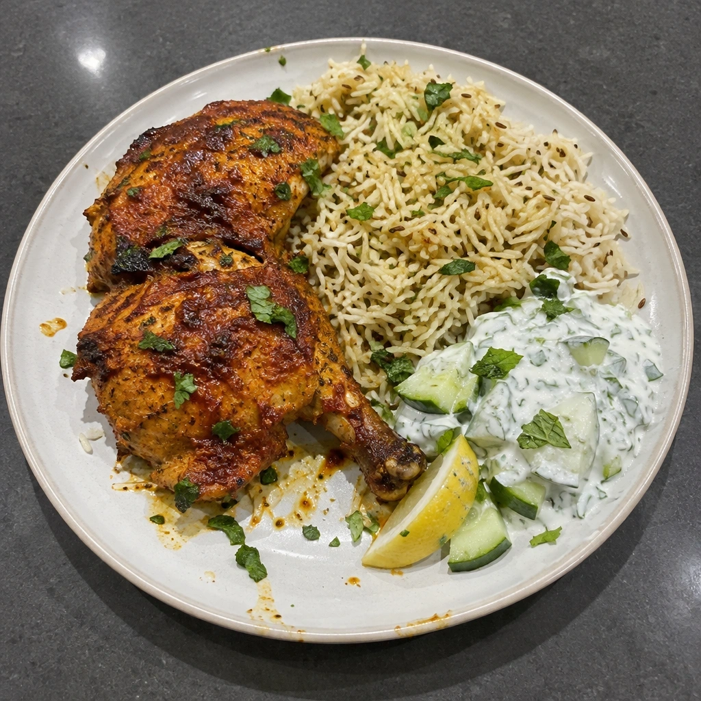 Cuisses de poulet tandoori, riz au cumin et yogourt à la menthe