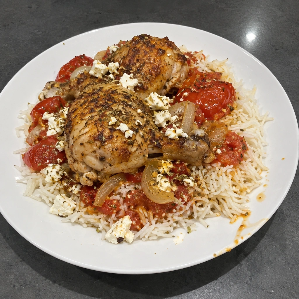 Cuisses de poulet à la grecque, tomates, feta et riz basmati