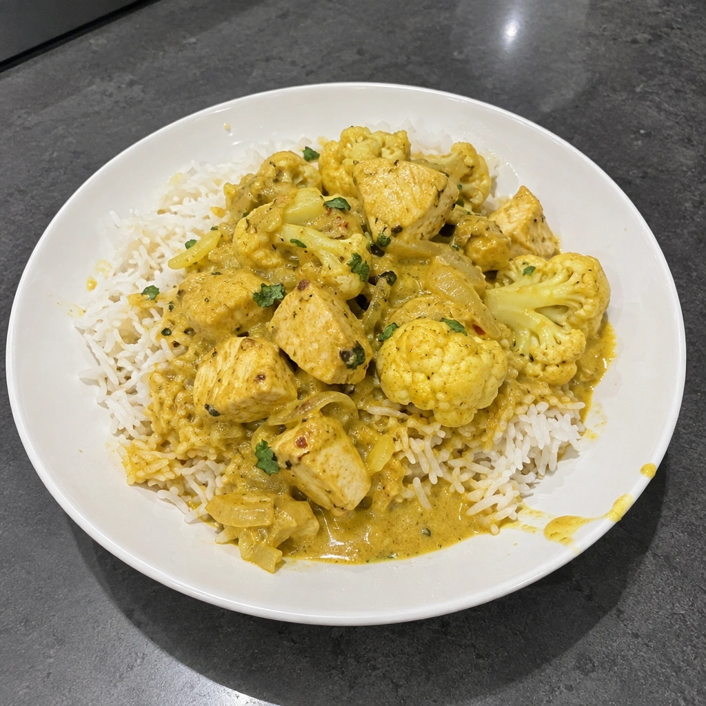 Curry coco au poulet et chou-fleur, riz basmati