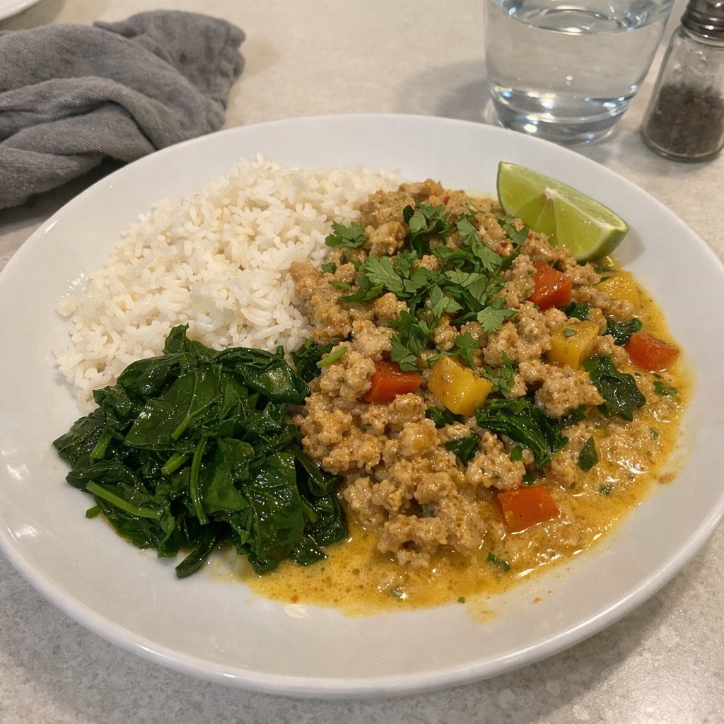 Curry de porc haché au lait de coco, riz basmati et épinards