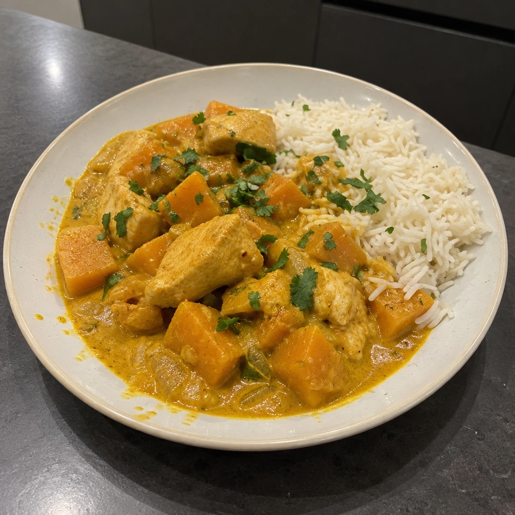 Curry de poulet au lait de coco et à la courge musquée, riz basmati