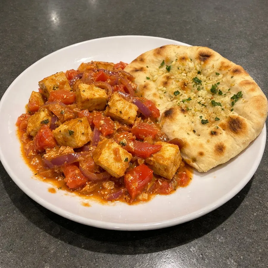 Curry indien de tofu aux tomates et poivrons, naan à l'ail