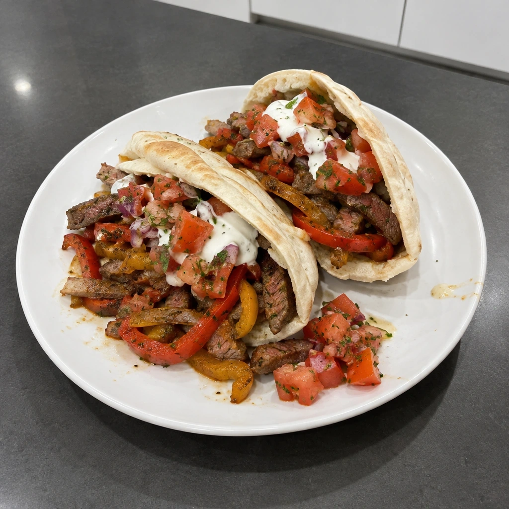 Fajitas de bifteck d'aloyau aux poivrons en pitas, salsa fraîche et crème sure