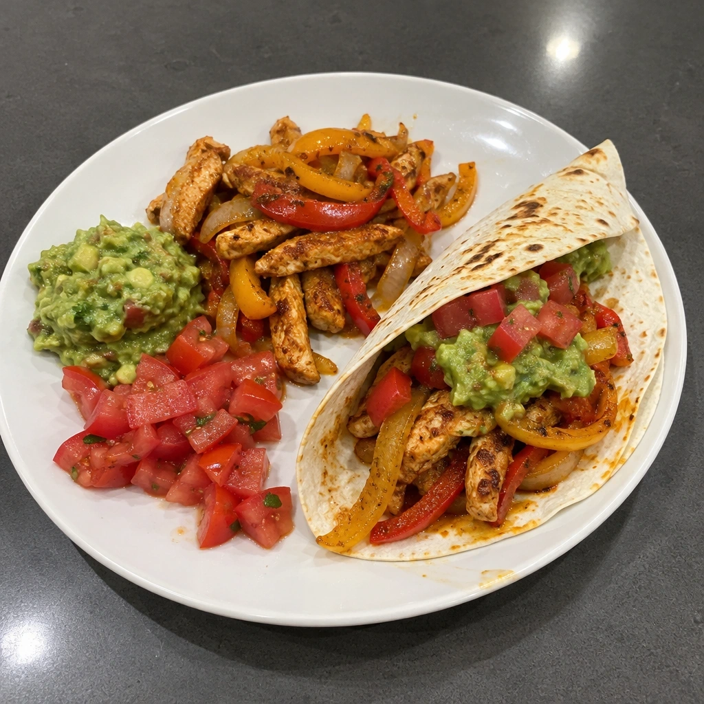 Fajitas de poulet aux poivrons, guacamole express et tomates