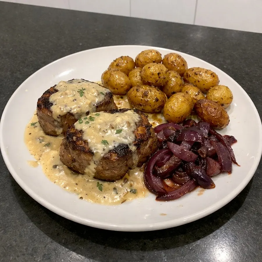 Filet mignon poêlé sauce crémeuse à l'ail, mini patates rôties