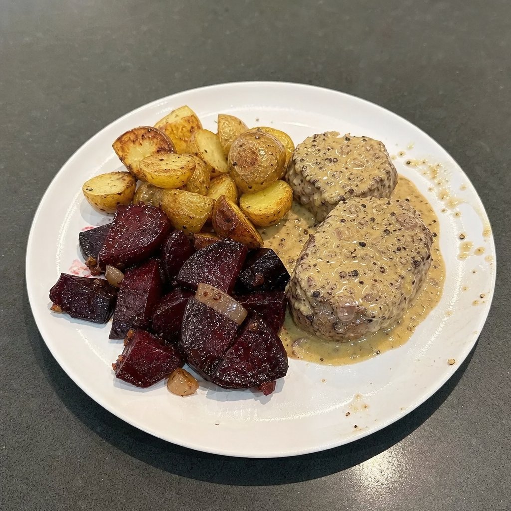 Médaillons de filet mignon, sauce au poivre, grelots et betteraves rôties