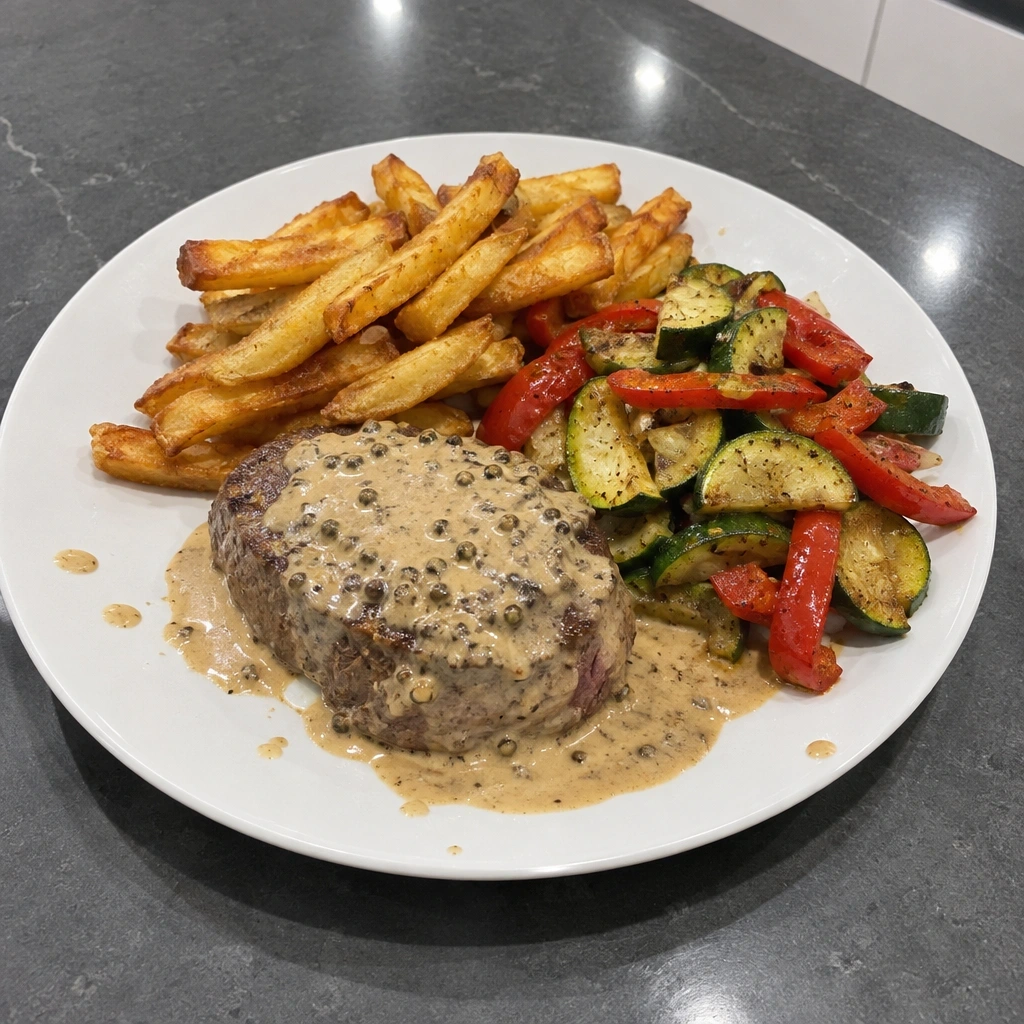 Filet mignon sauce au poivre, frites au four et poêlée de courgettes et poivrons