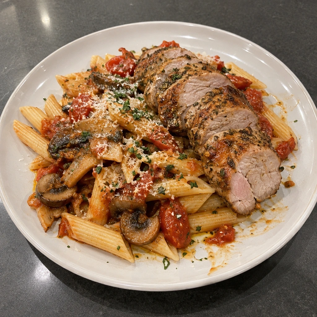 Filets de porc assaisonnés rôtis, pennes aux tomates rôties et champignons