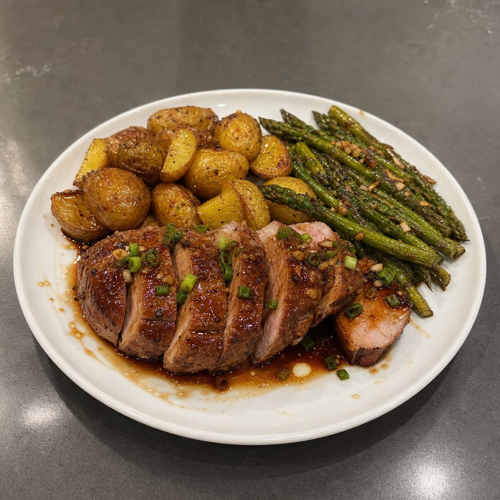 Filet de porc glacé à l'érable et ail, asperges rôties et mini-pommes de terre