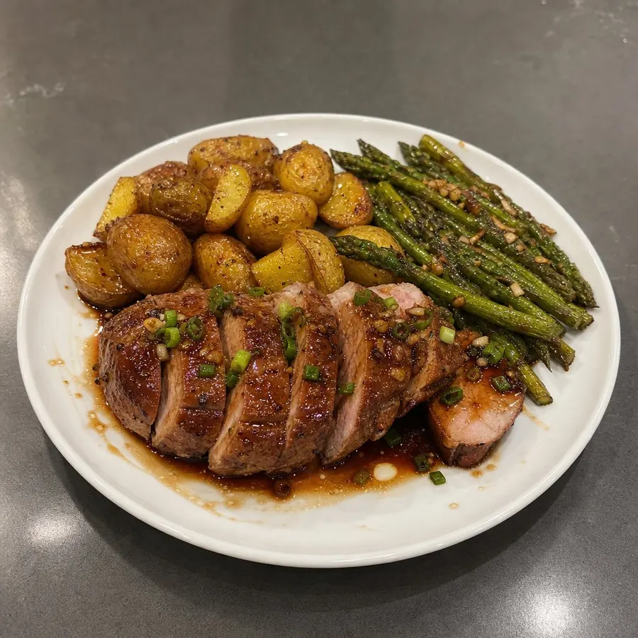 Filet de porc glacé à l'érable et ail, asperges rôties et mini-pommes de terre