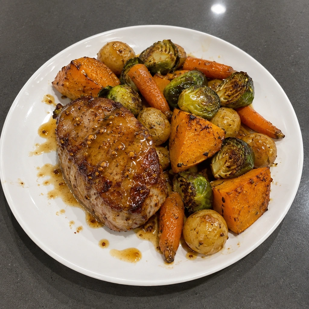 Filet de porc glacé à l'érable, courge musquée et choux de Bruxelles rôtis