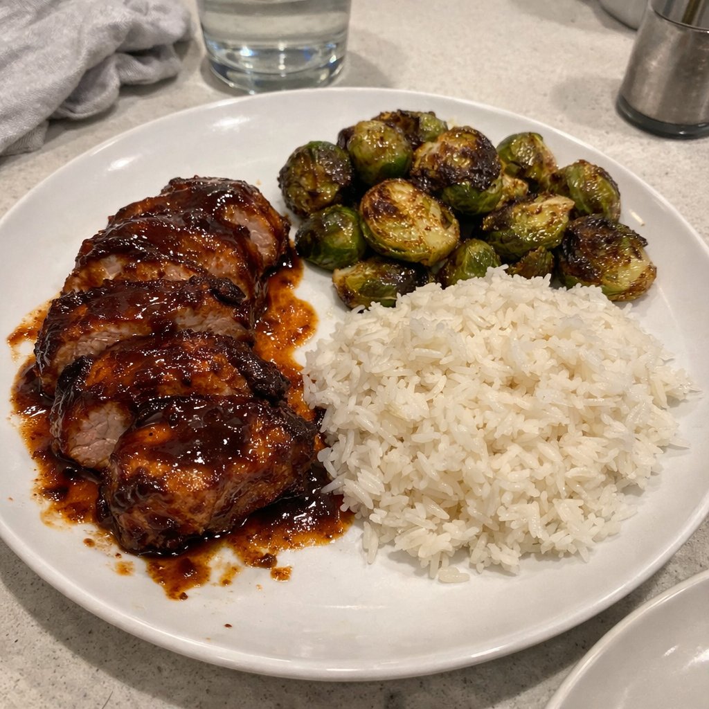 Filet de porc laqué à la BBQ, choux de Bruxelles rôtis et riz basmati