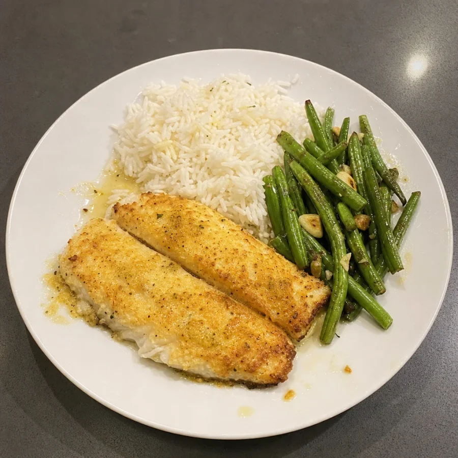 Filets de poisson dorés, riz et haricots verts à l'ail
