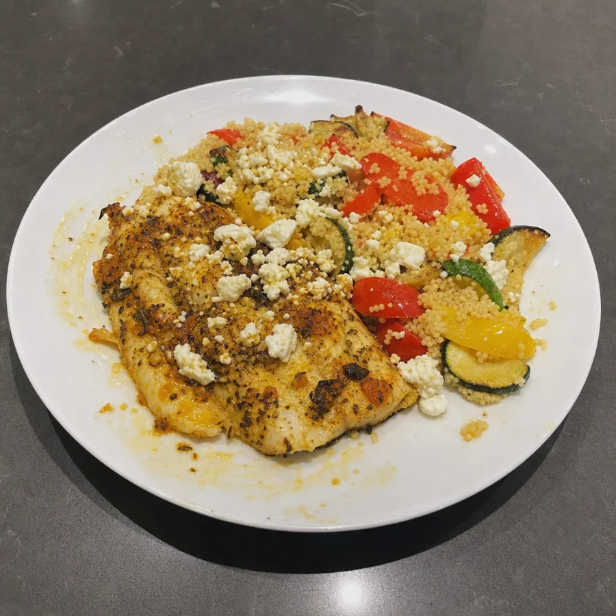 Filets de poisson à la méditerranéenne, couscous aux légumes