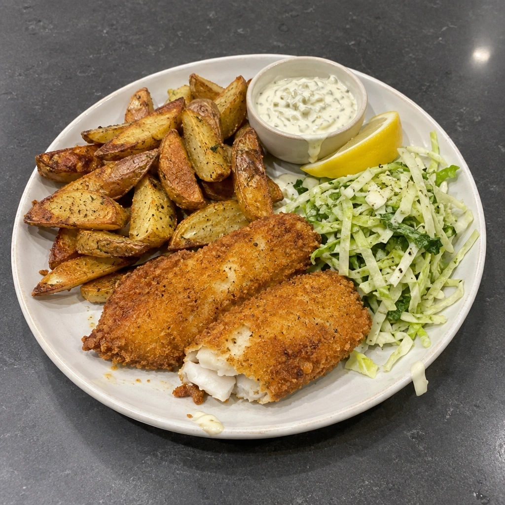 Fish & chips croustillant, sauce tartare et salade de chou