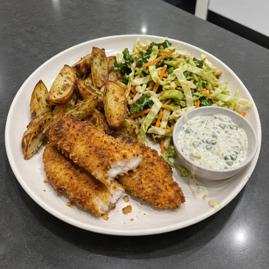 Fish and chips au air fryer, salade de chou maison et sauce tartare